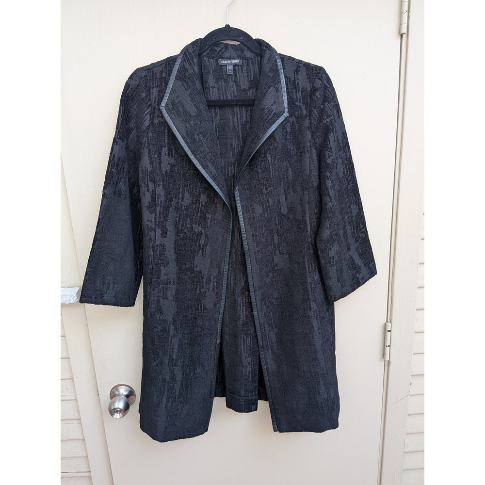 Eileen Fisher Textured Open Front Leather Trim 3/4‎ Sleeve Jacket Black Size S